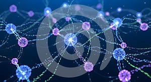 Abstract network connection structure with glowing points in blue