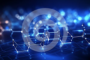 Abstract Network of 3D Hexagons, Glowing Points on Blue - Technology, Communication Background