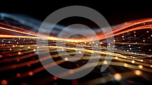 Abstract network data connection technology background digital wave orange blue glow lines