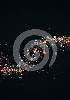 Abstract Network Data Flow Visualization with Orange Red and Teal Nodes