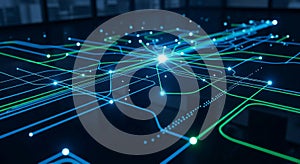 Abstract Network of Glowing Blue and Green Lines Connecting Points of Light