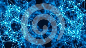 Abstract network of glowing blue interconnected nodes and lines creating a complex digital web pattern Keywords