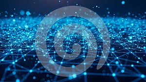 Abstract network of glowing blue interconnected nodes and lines forming a digital data grid on a dark background