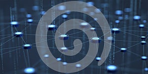 Abstract network of glowing blue nodes connected by lines and binary code technology