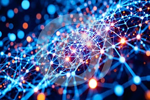 Abstract network of glowing blue and orange lights , digital network interconnected