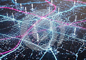 Abstract network of glowing blue and pink lights connectivity digital data flow