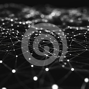 Abstract network of glowing dots and lines in a dark space