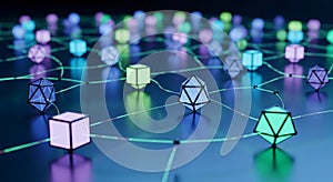 Abstract Network of Glowing Geometric Shapes on a Reflective Surface