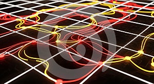 Abstract Network of Glowing Lines and Nodes on a Grid