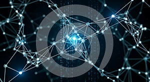 Abstract network of glowing nodes and lines with binary code background connection technology
