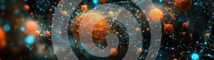Abstract network with glowing spheres in blue and orange