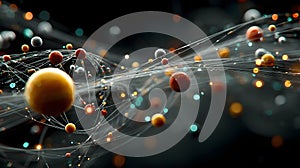Abstract network of glowing spheres connected by lines representing digital data flow and complex systems