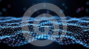 Abstract Network Grid with Glowing Particles, Digital Connection, Data Flow