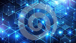 Abstract network of interconnected hexagonal structures with glowing blue lines and nodes representing digital data flow and