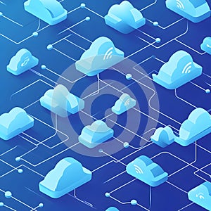 Abstract Network Interconnected Light Blue Cloud Icons on Dark Blue Background