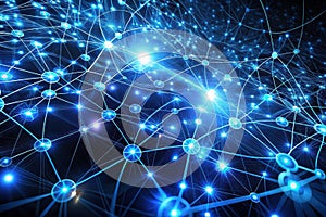 Abstract network of interconnected nodes and luminescent lines representing global communication and data flow. Generative AI