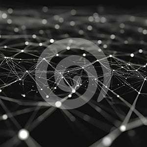 Abstract network of interconnected points and lines on a dark background