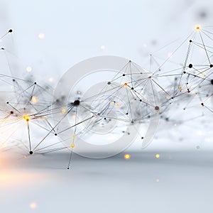 An abstract network of interconnecting lines and nodes forms a complex geometric structure.