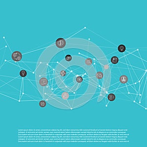 Abstract network mesh with bitcoin icons collection - illustration vector background