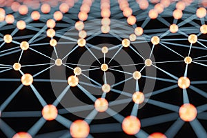 Abstract network with orange spheres connected by light blue lines on black