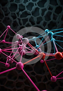 Abstract Network of Pink Blue and Red Spheres Connected by Lines Against Dark Background