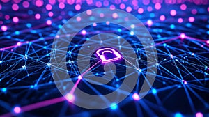 Abstract Network Security: Glowing Padlock in Blue Pink Digital Grid