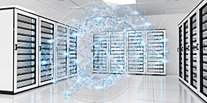 Abstract network on server room data center 3D rendering