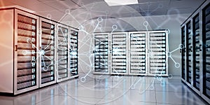 Abstract network on server room data center 3D rendering