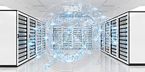 Abstract network on server room data center 3D rendering