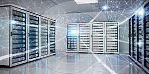 Abstract network on server room data center 3D rendering