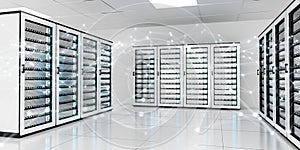 Abstract network on server room data center 3D rendering