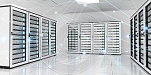Abstract network on server room data center 3D rendering