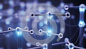 Abstract network structure of interconnected metallic spheres and lines