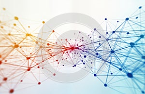 Abstract network structure of interconnected nodes. Colorful network lines connect points forming dynamic pattern. Complex web