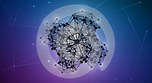 Abstract network structure with interconnected nodes on a gradient blue background