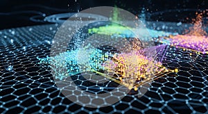 Abstract network visualization with colorful nodes and connections for data analysis