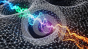 Abstract network visualization with colorful wavy particle data stream flowing through