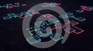 Abstract Network Visualization: Neon Cubes and Interconnected Pathways Representing Data Flow and System Architecture