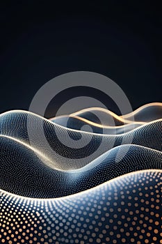 Abstract network waves. Dark surface with flowing form of connected light dots. Artificial intelligence concept. Technology