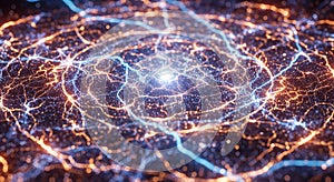 Abstract Neural Network Concept Interconnected Orange and Blue Data Points Forming a Complex Technological Structure