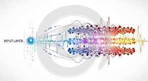 Abstract representation of neural network with input layer and signal processing on white background