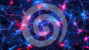 Abstract neural network visualization with vibrant electric blue and red energy patterns. Big data and machine learning
