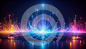 Abstract Neural Web with Data Pulses and Copy Space. AI themed Background. Generated Image