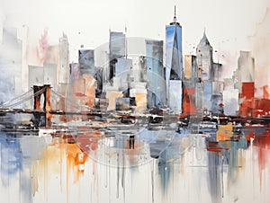 Abstract New York Brooklyn bridge cityscape painting, oil on canvas, artistic city background, wall art