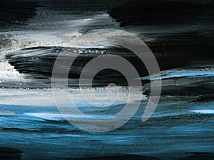 Abstract night sea landscape. Original painting. Hand drawn, impressionism style, blue color texture with copy space, brush