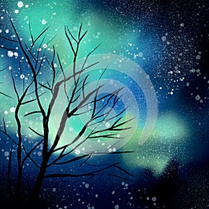 Abstract night sky background with stars, milky way, outer space and nebula with silhouette tree