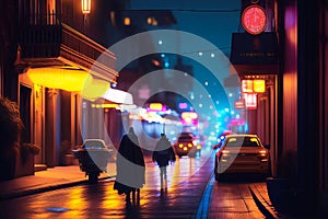 Abstract night view of a side street with illuminated shops, bars and pubs in a big city with pedestrians and cars, made with