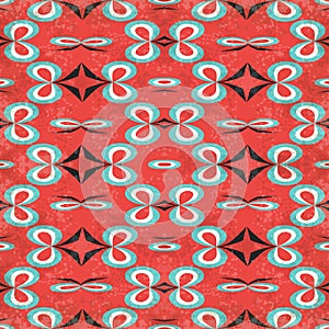 Abstract objects on a red background in retro style grunge effect seamless pattern