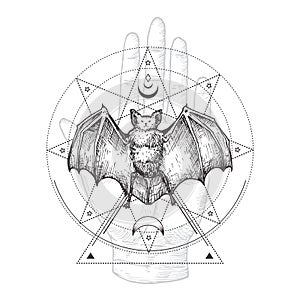 Abstract Occult Symbol, Vintage Style Logo or Tattoo Template. Hand Drawn Black Bat and Palm Hand Sketch Symbol and
