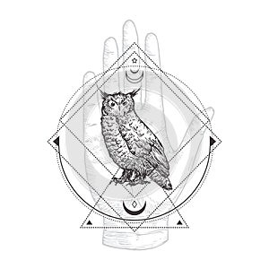 Abstract Occult Symbol, Vintage Style Logo or Tattoo Template. Hand Drawn Black Owl and Palm Hand Sketch Symbol and